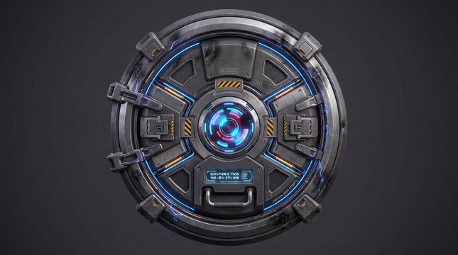 Detailed 3D render of a futuristic cyberpunk spaceship hatch with glowing blue and red holographic UI elements, distressed metal textures, and warning signs.