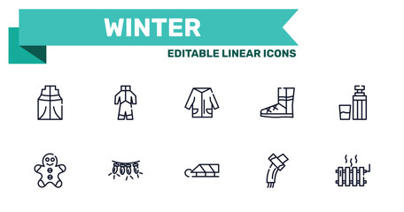 winter outline icon set featuring anorak vest, snowsuit, sledge, winter scarf icons. © VectorStockDesign