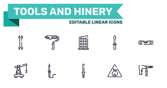 tools and hinery outline icon set featuring big double wrench, brush for painting, knife file, inflamable icons.