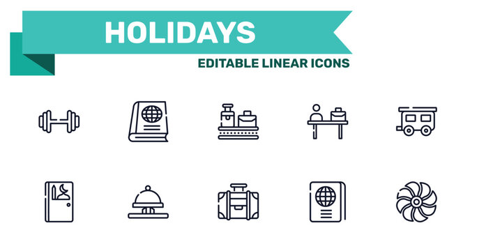 holidays outline icon set featuring gym dumbbell, geography text book, travelling handle bag, international passport icons.