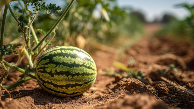 A fresh striped watermelon growing on a vine in a rural agricultural field, lying on dry brown soil under bright natural sunlight in summer
