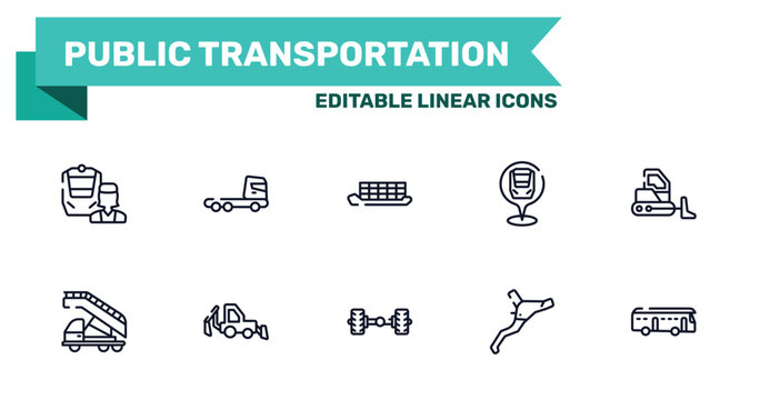 public transportation outline icon set featuring train operator, truck cabin side view, axle, brakes icons.