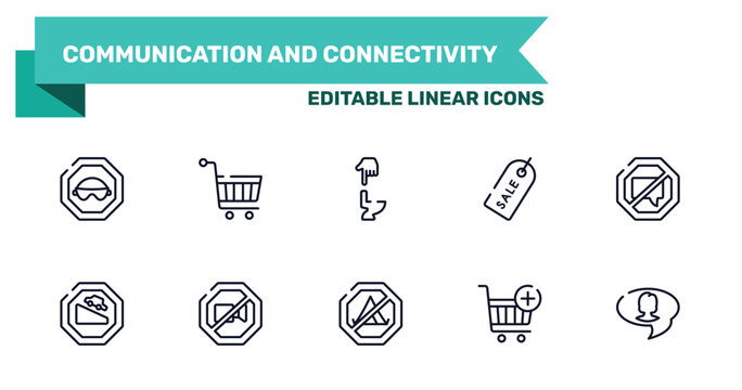 communication and connectivity outline icon set featuring eyewear, hand truck, no camping, add button icons.