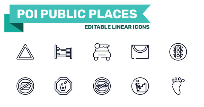 poi public places outline icon set featuring any bleach, dormitory, food not allowed, walking up stair icons.