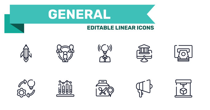 general outline icon set featuring creative pencil rocket, business networking, food delivery, agitation icons.