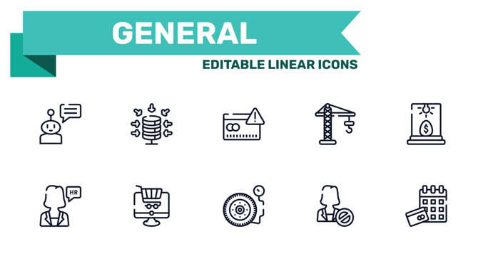general outline icon set featuring chat bot, data aggregation, inflate tire, impeachment icons.