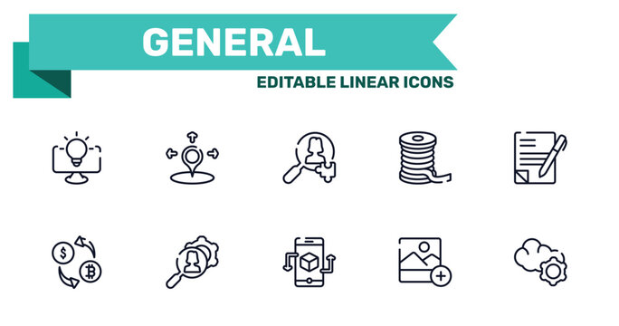 general outline icon set featuring business intelligence, coordinate, ar app, add photos icons.