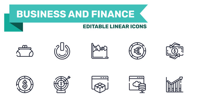 business and finance outline icon set featuring women puser, on power, web package, web server icons.