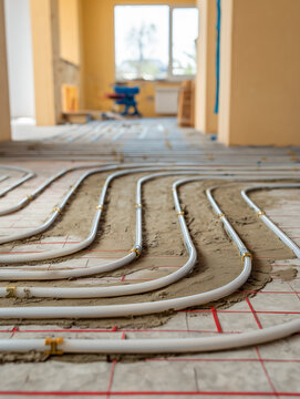 Installation of an underfloor heating system with parallel white pipes laid out on a grid structure during the renovation of a house or modern apartment