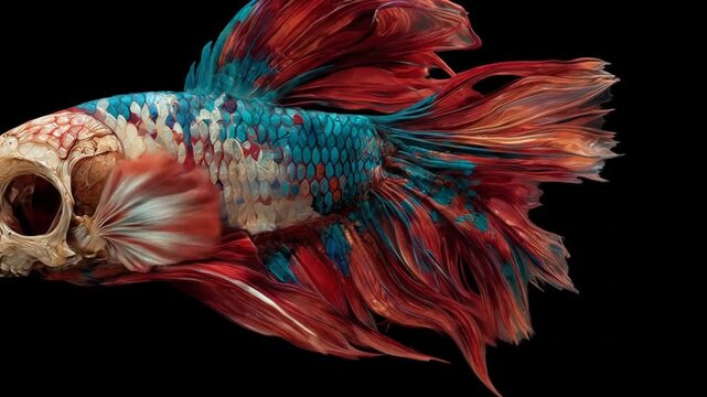 Artistic beta fish with skull head and colorful fins on black background