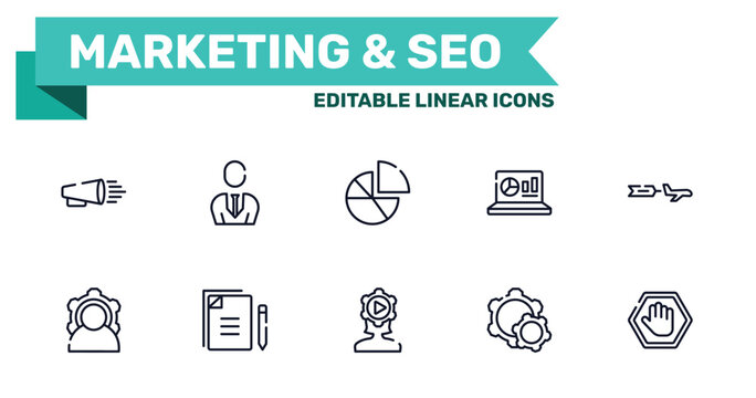 marketing & seo outline icon set featuring product promotion, businessman with tie, behavior, configuration icons.