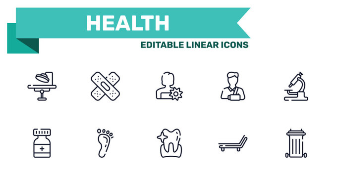 health outline icon set featuring operating room, null, whitening, deckchair icons.