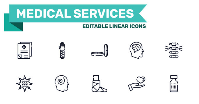 medical services outline icon set featuring medical records, splint, broken leg, medical care icons.