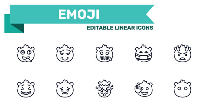 emoji outline icon set featuring stupid emoji, proud emoji, exploding head hello icons.