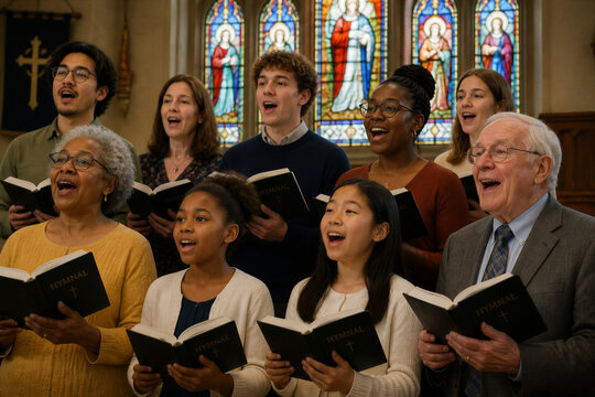 Multigenerational choir singing hymns inside stained glass church