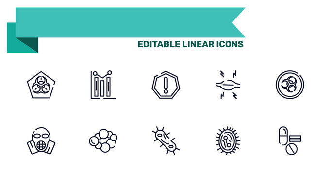 outline icon set featuring biohazard, graph, bacterium, bacterias icons.