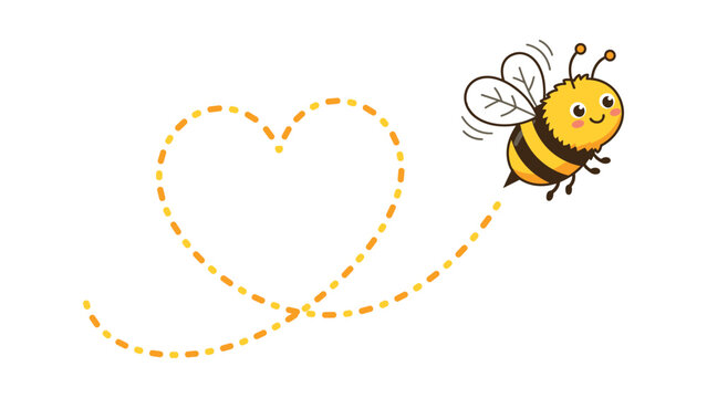 Cute cartoon bumblebee flying with a heart shaped dotted flight path.