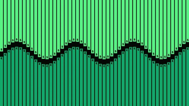 Seamless video loop of trading charts with dollar and euro symbols oscillating in a sine wave, representing the currency pair rivalry and opposing market dynamics.