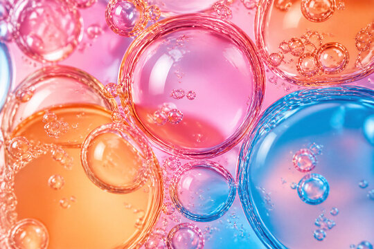 Colorful liquid bubbles floating in abstract oil macro background