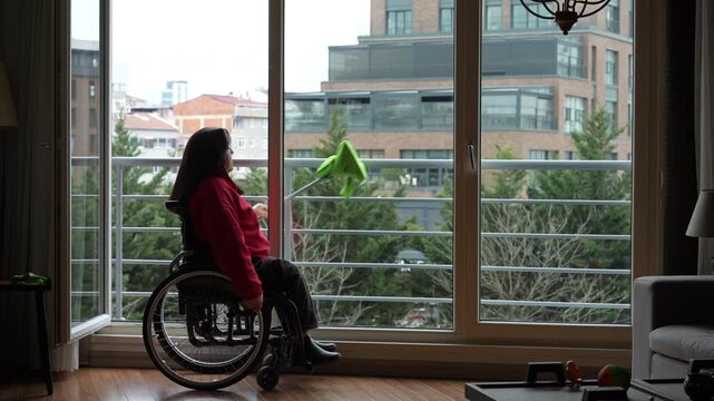 Woman in Wheelchair Cleaning Large Window With Long Handle Squeegee