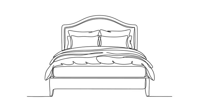 Continuous single line drawing of a comfortable double bed with pillows.