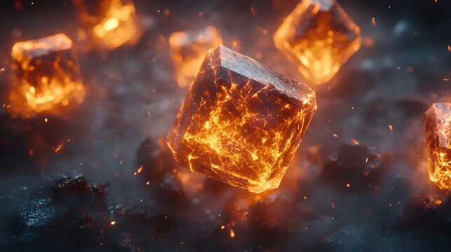 Glowing Orange Ice Cubes on Dark with Flames