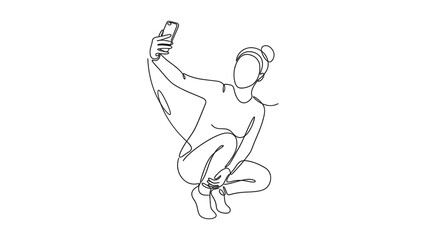 Obraz premium Continuous line drawing of a woman taking a selfie while crouching.