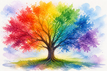 Fototapeta premium Rainbow colored tree watercolor painting on white background