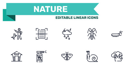 nature outline icon set featuring dog training, scanning, moth, snail icons. © VectorStockDesign