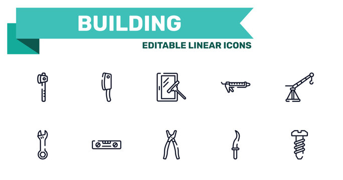 building outline icon set featuring wood cutter, cleaver, open pliers, kirpan icons.