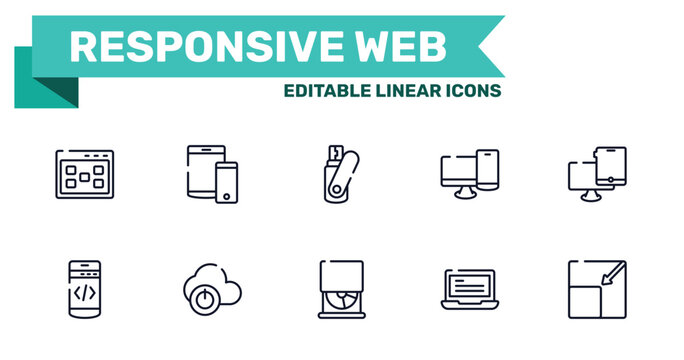 responsive web outline icon set featuring ux de, tablet and phone, cd drive, laptop with text icons.