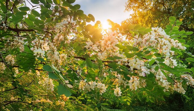 White Blossoms Glowing With Sunlight In Tree Canopy Robinia Pseudoacacia Black Locust