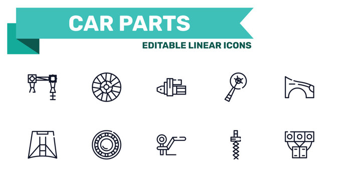 car parts outline icon set featuring car torsion bar, car hubcap, towbar, coil icons.