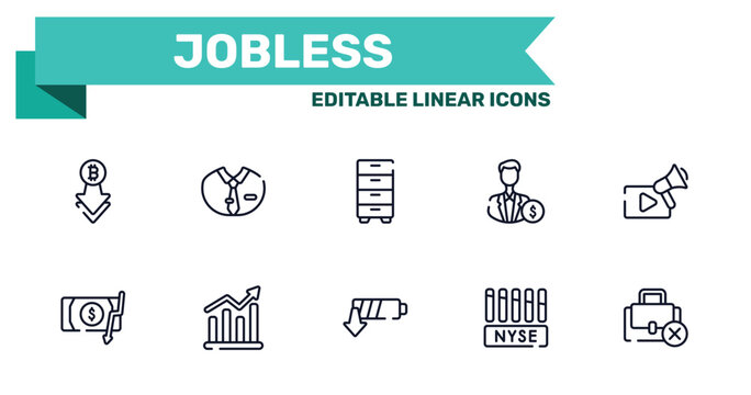 jobless outline icon set featuring decline, dress code, low energy, nyse icons.
