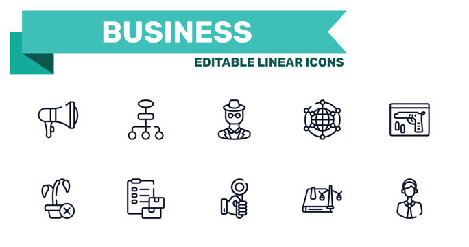 business outline icon set featuring bullhorn, flow chart, hand up, law book icons.