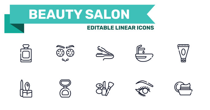 beauty salon outline icon set featuring french perfume bottle, cucumber slices on face, cosmetic tools, eye make up icons.