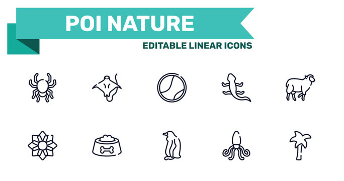 poi nature outline icon set featuring poisonous spider, stingray with long tail, sitting penguin, giant squid icons.