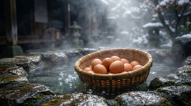 Wellness Retreat: Advertising Macro of Traditional Onsen Tamago in Hot Spring