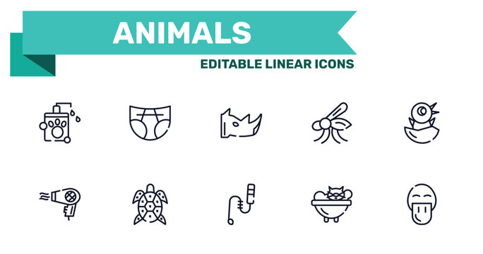 animals outline icon set featuring pet shampoo, diapers, teasing stick, cat bath icons.