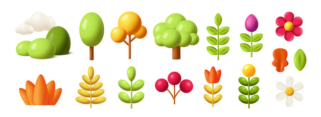 Fototapeta premium Set of plant icons. 3D render designs in plasticine style. Trees, branches, leaves, blooming flowers and petals. Botanical symbols. Human made vector illustration collection isolated on background