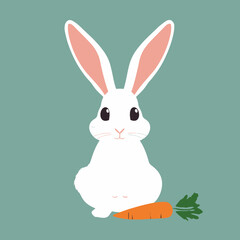 Obraz premium Cute white hare with pink ears sitting next to carrot on blue background