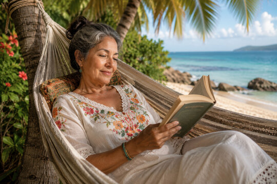 Mature Latina Woman Reading Book in Tropical Hammock Peaceful Retirement Lifestyle Wellness Beach Vacation and Active Aging Concept