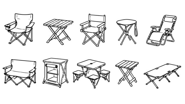 Outdoor camping furniture collection featuring foldable chairs, tables, cots, and portable equipment for travel and adventure.