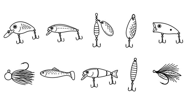 Detailed fishing tackle collection featuring crankbaits, spinners, jigs, spoons, and artificial lures designed for freshwater and sport fishing themes.