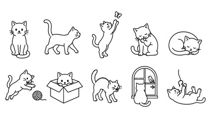 Fototapeta premium Charming cat illustrations featuring playful, curious, sleeping, stretching, and relaxing poses with a clean line art appearance.
