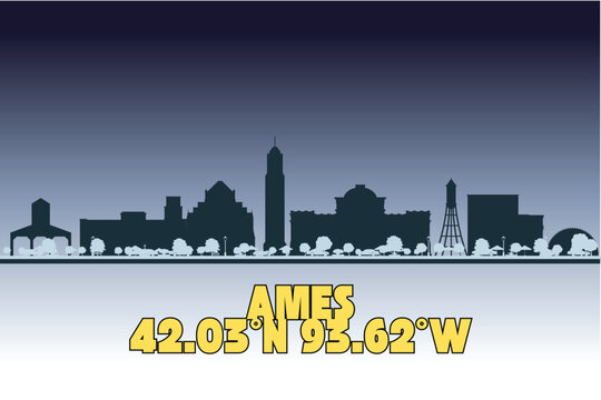 Ames, Iowa state skyline silhouette featuring iconic architecture and geographic coordinates on a modern gradient background vector illustration.