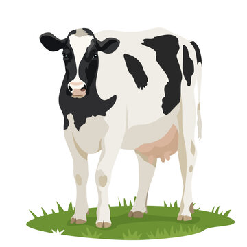 Vector black and white cow standing on grass field. Farm cattle animal design element for dairy farm, meat packaging