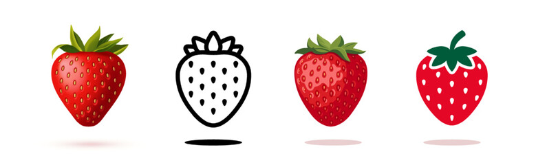 Strawberry icon set. Strawberry symbols in realistic, linear, cartoon and flat styles. Red berry badges. Design for apps and print. Vector illustration collection isolated on background © 100% HAND-CRAFTED
