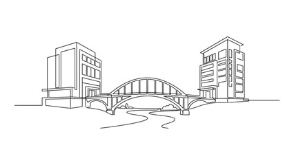 Naklejka premium Continuous single line drawing of bridge connecting two modern buildings.