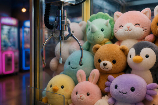 Claw machine holding claw poised in arcade interior